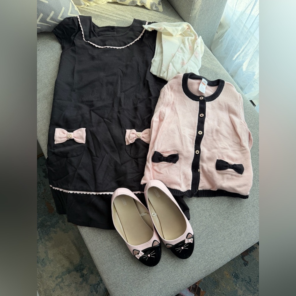 Gymboree dress, shoes, cardigan, tights and hair clips